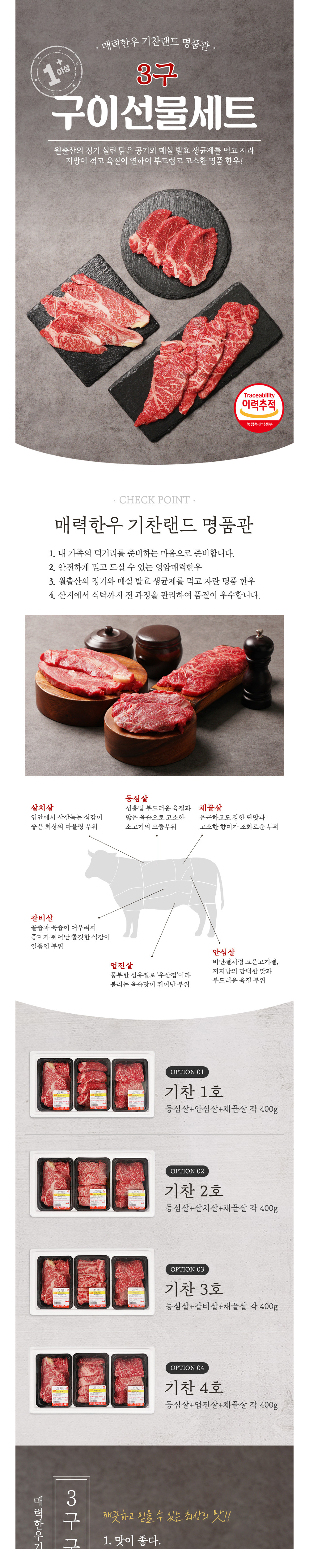 1++이상 한우 구이선물세트 기찬3호 (등심+갈비+채끝 각 400g) 상세이미지 1